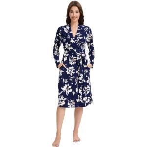 imageWiWi Womens Robe Long Sleeve Bathrobe with Pockets Soft Kimono Spa Lightweight Robes Bamboo Viscose Loungewear SXXLNavy Floral
