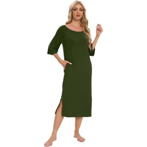 imageWiWi Womens Viscose from Bamboo Nightgowns 34 Sleeves Nightshirts Full Length Soft Knit Sleep Shirts SXXLAarmy Green
