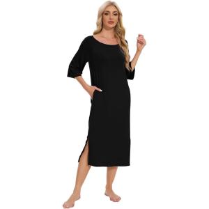 imageWiWi Womens Viscose from Bamboo Nightgowns 34 Sleeves Nightshirts Full Length Soft Knit Sleep Shirts SXXLAblack