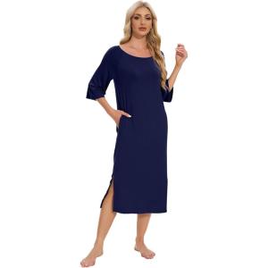 imageWiWi Womens Viscose from Bamboo Nightgowns 34 Sleeves Nightshirts Full Length Soft Knit Sleep Shirts SXXLAnavy