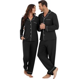 imageWiWi Couples Pajamas Set Women ampamp Men Long Sleeve 2 Piece Pj Sets Viscose from Bamboo Button Down Sleepwear SXXLBlack