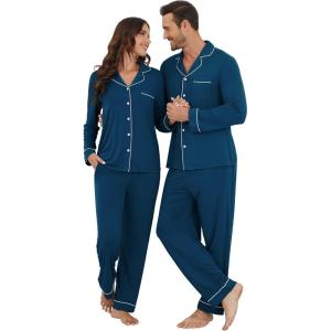 imageWiWi Couples Pajamas Set Women ampamp Men Long Sleeve 2 Piece Pj Sets Viscose from Bamboo Button Down Sleepwear SXXLInk Blue