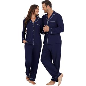 imageWiWi Couples Pajamas Set Women ampamp Men Long Sleeve 2 Piece Pj Sets Viscose from Bamboo Button Down Sleepwear SXXLNavy