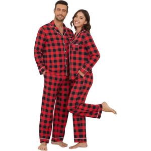 imageWiWi Couples Pajamas Set Women ampamp Men Long Sleeve 2 Piece Pj Sets Viscose from Bamboo Button Down Sleepwear SXXLRed Buffalo Plaid