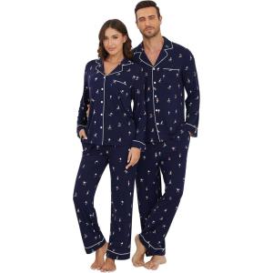imageWiWi Couples Pajamas Set Women ampamp Men Long Sleeve 2 Piece Pj Sets Viscose from Bamboo Button Down Sleepwear SXXLSkiing on Navy