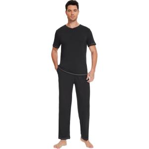 imageWiWi Mens Viscose from Bamboo Pajama Set Short Sleeve Pajamas Sets with Pants Sleepwear Soft Lightweight Lounge Pj SXXLBlack