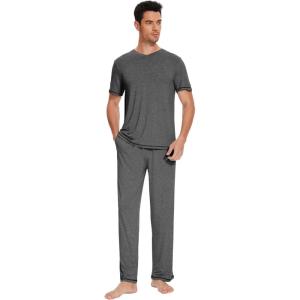 imageWiWi Mens Viscose from Bamboo Pajama Set Short Sleeve Pajamas Sets with Pants Sleepwear Soft Lightweight Lounge Pj SXXLDark Heather Grey
