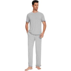 imageWiWi Mens Viscose from Bamboo Pajama Set Short Sleeve Pajamas Sets with Pants Sleepwear Soft Lightweight Lounge Pj SXXLLight Heather Grey