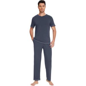 imageWiWi Mens Viscose from Bamboo Pajama Set Short Sleeve Pajamas Sets with Pants Sleepwear Soft Lightweight Lounge Pj SXXLMidnight Blue