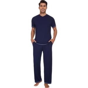 imageWiWi Mens Viscose from Bamboo Pajama Set Short Sleeve Pajamas Sets with Pants Sleepwear Soft Lightweight Lounge Pj SXXLNavy