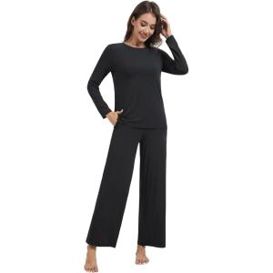 imageWiWi Pajama Set for Women Viscose from Bamboo Long Sleeve Top with Pants Soft Sleepwear 2 Piece Pjs Sets Loungewear SXXLBlack