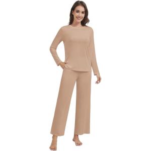 imageWiWi Pajama Set for Women Viscose from Bamboo Long Sleeve Top with Pants Soft Sleepwear 2 Piece Pjs Sets Loungewear SXXLLight Brown