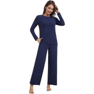 imageWiWi Pajama Set for Women Viscose from Bamboo Long Sleeve Top with Pants Soft Sleepwear 2 Piece Pjs Sets Loungewear SXXLNavy