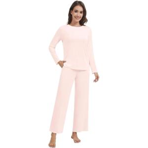 imageWiWi Pajama Set for Women Viscose from Bamboo Long Sleeve Top with Pants Soft Sleepwear 2 Piece Pjs Sets Loungewear SXXLPink