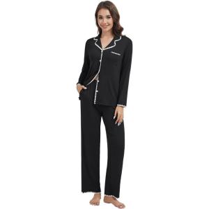 imageWiWi Womens Pajama Set Button Down Sleepwear Soft Bamboo Viscose Loungewear with Pockets 2 Piece PJ Sleepwear SXXLBblack