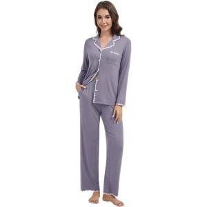 imageWiWi Womens Pajama Set Button Down Sleepwear Soft Bamboo Viscose Loungewear with Pockets 2 Piece PJ Sleepwear SXXLBpurplish Grey