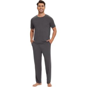 imageWiWi Mens Pajamas Set Viscose from Bamboo Sleepwear Casual Soft Sleep Sets with Pockets Short Sleeve Loungewear SXXLAdark Grey