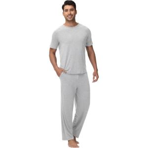 imageWiWi Mens Pajamas Set Viscose from Bamboo Sleepwear Casual Soft Sleep Sets with Pockets Short Sleeve Loungewear SXXLAlight Heather Grey