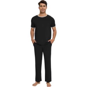 imageWiWi Mens Pajamas Set Viscose from Bamboo Sleepwear Casual Soft Sleep Sets with Pockets Short Sleeve Loungewear SXXLBblack