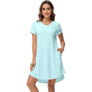 imageWiWi Viscose from Bamboo Nightgowns for Women Short Sleeve Pajama Dress Vneck Summer Night Shirts SXXLAaqua