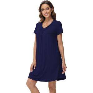 imageWiWi Viscose from Bamboo Nightgowns for Women Short Sleeve Pajama Dress Vneck Summer Night Shirts SXXLBnavy