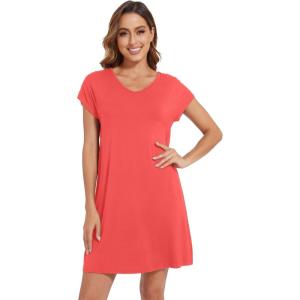 imageWiWi Viscose from Bamboo Nightgowns for Women Short Sleeve Pajama Dress Vneck Summer Night Shirts SXXLDcoral
