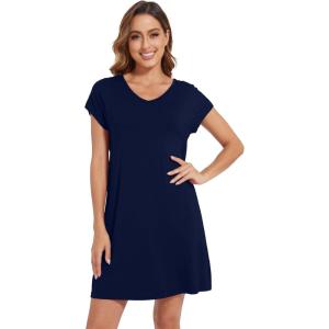 imageWiWi Viscose from Bamboo Nightgowns for Women Short Sleeve Pajama Dress Vneck Summer Night Shirts SXXLDnavy