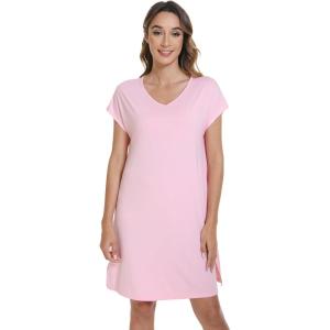 imageWiWi Viscose from Bamboo Nightgowns for Women Short Sleeve Pajama Dress Vneck Summer Night Shirts SXXLDpink