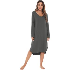 imageWiWi Bamboo Nightgowns for Women Soft Long Sleeve Sleep Shirt Sleepwear Comfy Loungewear Plus Size Nightshirts S4XAcharcoal
