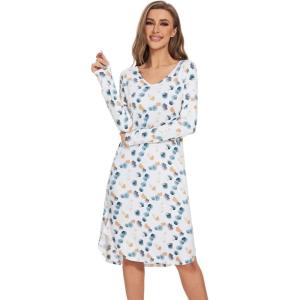 imageWiWi Bamboo Nightgowns for Women Soft Long Sleeve Sleep Shirt Sleepwear Comfy Loungewear Plus Size Nightshirts S4XAwhiteGreen Dots