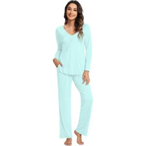 imageWiWi Pajama Sets for Women Soft Comfy Pjs Loungewear Lightweight Sleepwear with Pants Viscose from Bamboo Pajamas Set SXXLAqua