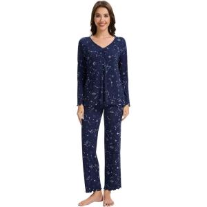 imageWiWi Pajama Sets for Women Soft Comfy Pjs Loungewear Lightweight Sleepwear with Pants Viscose from Bamboo Pajamas Set SXXLBlue Constellation