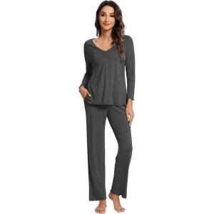 imageWiWi Pajama Sets for Women Soft Comfy Pjs Loungewear Lightweight Sleepwear with Pants Viscose from Bamboo Pajamas Set SXXLCharcoal Heather