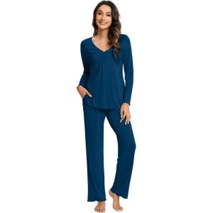 imageWiWi Pajama Sets for Women Soft Comfy Pjs Loungewear Lightweight Sleepwear with Pants Viscose from Bamboo Pajamas Set SXXLInk Blue
