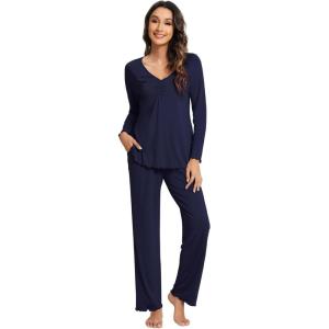 imageWiWi Pajama Sets for Women Soft Comfy Pjs Loungewear Lightweight Sleepwear with Pants Viscose from Bamboo Pajamas Set SXXLNavy