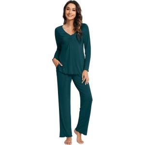 imageWiWi Pajama Sets for Women Soft Comfy Pjs Loungewear Lightweight Sleepwear with Pants Viscose from Bamboo Pajamas Set SXXLPeacock Green