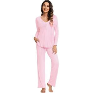 imageWiWi Pajama Sets for Women Soft Comfy Pjs Loungewear Lightweight Sleepwear with Pants Viscose from Bamboo Pajamas Set SXXLPink