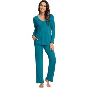imageWiWi Pajama Sets for Women Soft Comfy Pjs Loungewear Lightweight Sleepwear with Pants Viscose from Bamboo Pajamas Set SXXLTeal Blue
