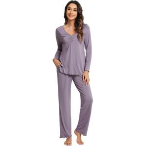 imageWiWi Pajama Sets for Women Soft Comfy Pjs Loungewear Lightweight Sleepwear with Pants Viscose from Bamboo Pajamas Set SXXLViolet