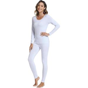 imageWiWi Soft Underwear for Women Thermal Long Johns Sets Super Warm Base Layer Top Pants Pajamas Set Viscose from Bamboo S3XAlight Blue Stripe