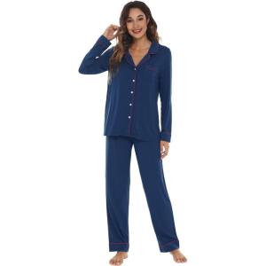 imageWiWi Viscose from Bamboo Pajamas Set for Women Soft Button Down Sleepwear Pj Lightweight Lounge Sets Loungewear SXXLAdark Blue