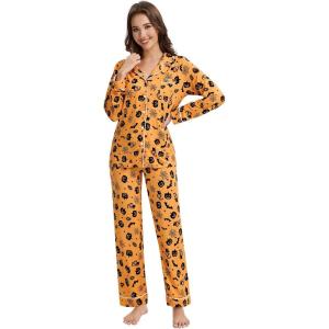 imageWiWi Viscose from Bamboo Pajamas Set for Women Soft Button Down Sleepwear Pj Lightweight Lounge Sets Loungewear SXXLApumpkin Spider on Orange