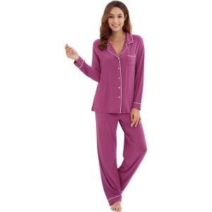 imageWiWi Viscose from Bamboo Pajamas Set for Women Soft Button Down Sleepwear Pj Lightweight Lounge Sets Loungewear SXXLApurple Red
