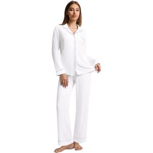 imageWiWi Viscose from Bamboo Pajamas Set for Women Soft Button Down Sleepwear Pj Lightweight Lounge Sets Loungewear SXXLAraw White