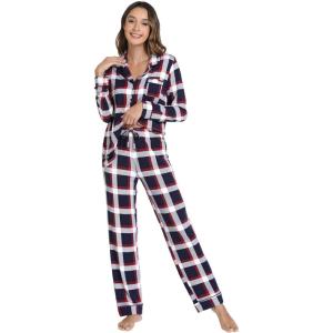 imageWiWi Viscose from Bamboo Pajamas Set for Women Soft Button Down Sleepwear Pj Lightweight Lounge Sets Loungewear SXXLAred Stripe Plaid
