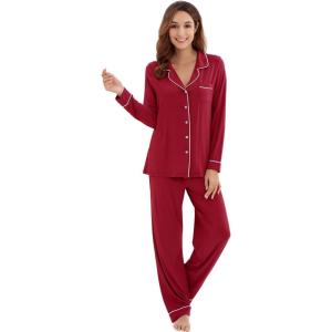 imageWiWi Viscose from Bamboo Pajamas Set for Women Soft Button Down Sleepwear Pj Lightweight Lounge Sets Loungewear SXXLAwine Red