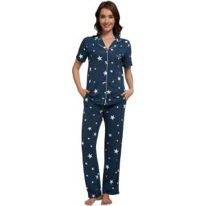 imageWiWi Viscose from Bamboo Pajamas Set for Women Soft Button Down Sleepwear Pj Lightweight Lounge Sets Loungewear SXXLBdark Navy Star