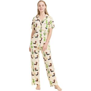 imageWiWi Viscose from Bamboo Pajamas Set for Women Soft Button Down Sleepwear Pj Lightweight Lounge Sets Loungewear SXXLBdog and Cactus
