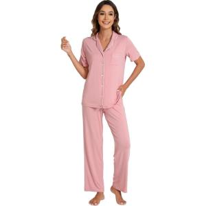 imageWiWi Viscose from Bamboo Pajamas Set for Women Soft Button Down Sleepwear Pj Lightweight Lounge Sets Loungewear SXXLBdusty Pink