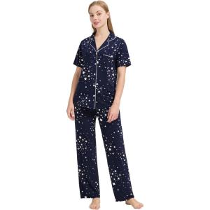 imageWiWi Viscose from Bamboo Pajamas Set for Women Soft Button Down Sleepwear Pj Lightweight Lounge Sets Loungewear SXXLBnavy Stars